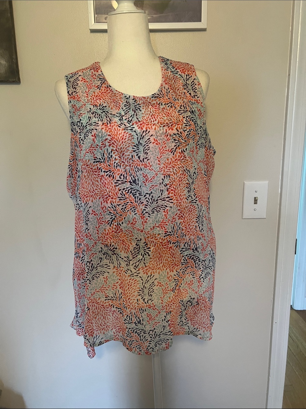 Fever Coral, Navy & Light Blue Leaf-Print Sleeveless Camisole